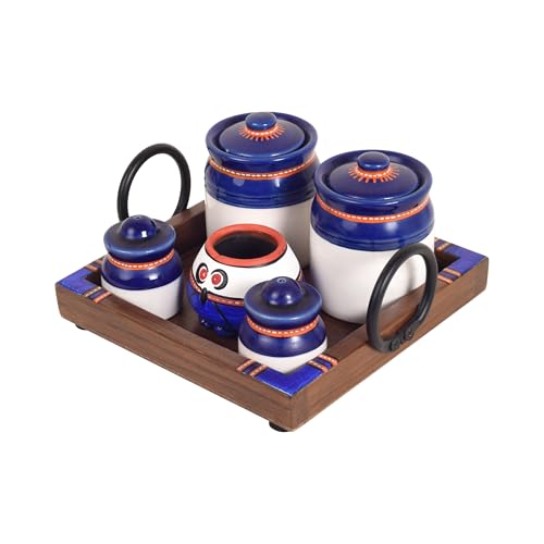 Image of AAKRITI ART CREATIONS Spice Fusion Tray Set with Ceramic Jars Blue | Handcrafted Abstract Art Kitchen & Dining Organizer Set | Matte & Glossy Finish Masala Container Set with Salt Pepper, Spoon