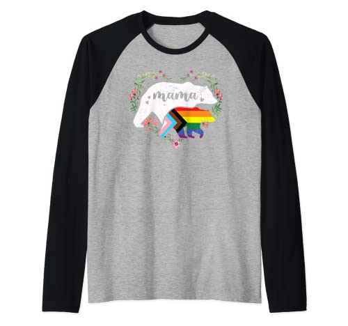 LGBTQ Mama Bear Progress Pride Flag Gay Igualdad de Derechos Arco iris Camiseta Manga Raglan