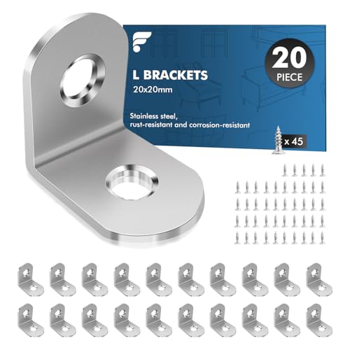 shinfly Angle Brackets 20 Pcs, L Brackets for Wood with 45 Pcs Screws, 20 x 20mm Corner Metal Bracket for Wood for Furniture Shelves Chair Table Window