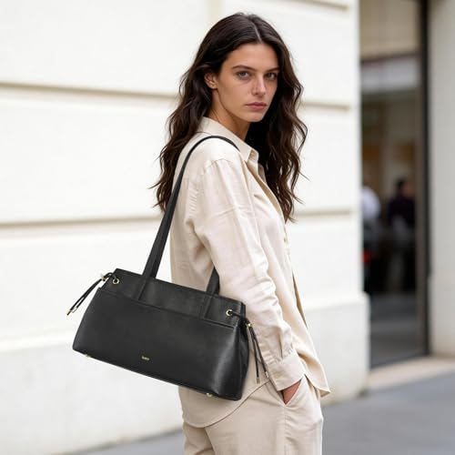 Image of Kattee Stylish Leather Bucket Bag for Women with 2 Detachable Straps | Top grain pebbled leather with drawstring sides, roomy pockets, and space for a 7.9-inch tablet.