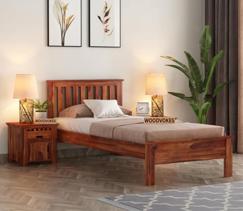 Image of Solid Sheesham Wood Single Bed with Headboard & Footboard | Sturdy Wooden Cot for Bedroom, Hostel & PG | Modern Design Single Wooden Bed Frame (Mattress Not Included) (Honey-1)