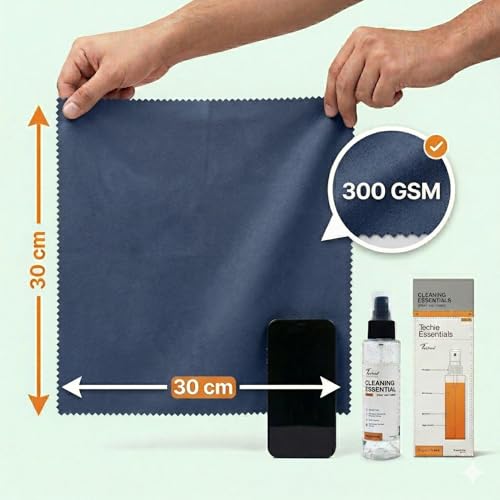 Image of Techie Essential Cleaning Kit Screen Cleaner Spray with 30x30 cm Microfiber Cloth for Laptop Phone Tablet Monitor and Glass, 120ml