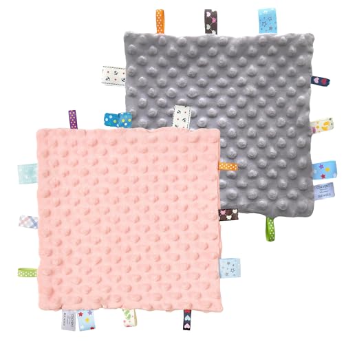 Image of CREVENT Soft Baby Lovey Security Blanket, Small Plush Comfort Blanket for Baby Girls, Sensory Soothing Toy, Newborn, 10 inch x 10 inch 2pcs