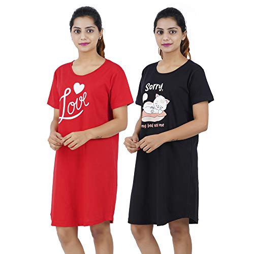 Image of Buy That Trendz Women's Long Tshirt Cotton Graphic Printed Knee Length Short Night Dress (Pack of 2)