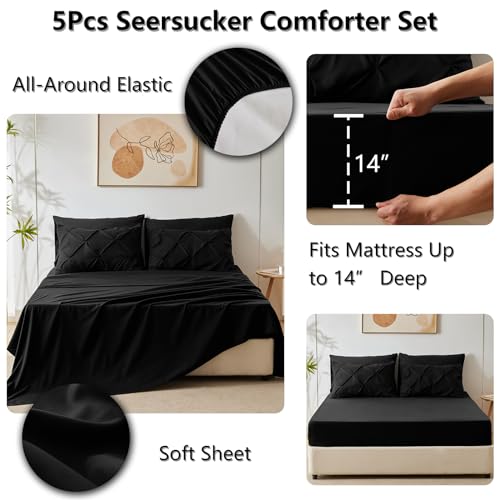 CozyLux Twin Comforter Set with Sheets Black, 5 Pieces Pintuck Bed in A Bag, Twin Bed Set Gift for Family, Pinch Pleat Bedding Set with Comforter, Sheets, Pillowcase & Sham