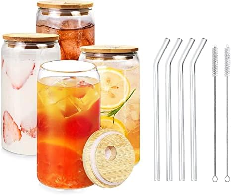 Glass Cups with Bamboo Lids and Glass Straw 4pcs Set - 16oz Can Shaped Drinking Glasses, Beer Glasses, Iced Coffee Glasses, Iced Tea GlassesCocktail, Whiskey, Wine, Soda, Gift - 2 Cleaning Brushes
