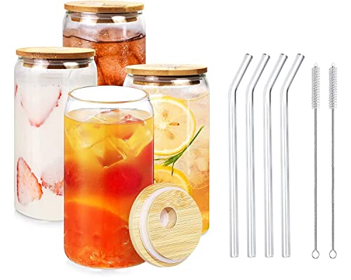 Glass Cups With Bamboo Lids And Glass Straw 4Pcs Set - 16Oz Can Shaped Drinking Glasses, Beer Glasses, Iced Coffee Glasses, Iced Tea Glassescocktail, Whiskey, Wine, Soda, Gift - 2 Cleaning Brushes #TOP26