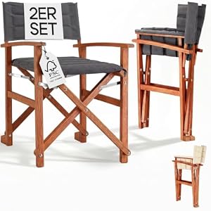 Casaria® Premium Regiestuhl 2er Set aus FSC®-zertifiziertem Eukalyptusholz - Gepolsterte Klappstühle mit Armlehnen, waschbarem Bezug & extra Sitzkomfort, bis 160 kg belastbar