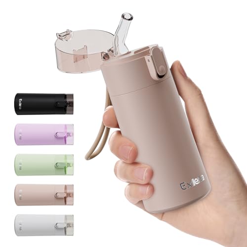 Exllena Small Water Bottle 150ml with Straw – Small Flask with One-Hand Open Design, Leak-Proof Locking Lid, 4-6 Hours Hot/Cold Retention and Portable for Coffee, Milk, or Any Beverage(Brown)