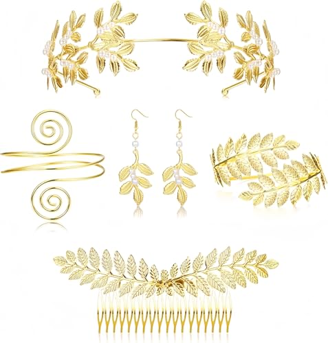 joonnair Set de cinco piezas Diosa Griega con diseño de hojas, tocado, corona de laurel, peine para el cabello, diadema de diosa romana, joyería de diosa griega para novia, disfraz