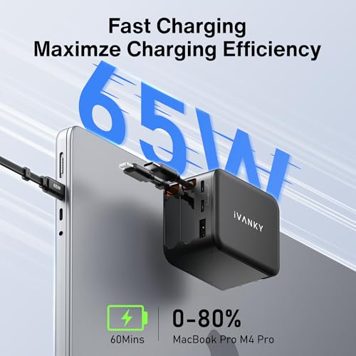 Image of iVANKY 65W Retractable Wall Charger for MacBook, 5-in-1 USB C+Lightning GaN Charger Block with Cables, 33.5 inches, PD PPS Fast Charging, 5-Port Power Adapter for iPhone 17 /16 /15 Pro Max, MacBook Neo