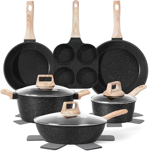 SODAY Pots and Pans Set Non Stick, 13 Pcs Kitchen Cookware Sets Induction Cookware Granite Black