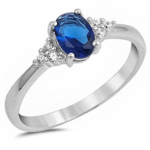 Oxford Diamond Co Oval Blue Simulated Sapphire & Round Cubic Zirconia .925 Sterling Silver Ring Size 9