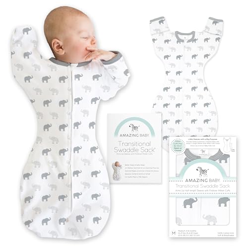 Image of Amazing Baby Transitional Swaddle Sack with Arms Up Half-Length Sleeves and Mitten Cuffs, Small, 0-3 months, 6-14 lbs, Tiny Elephants, Sterling (Arms Up Swaddle, Transition Swaddle Sleep Sack) | Arms Up Half-length Sleeve Partially Suppress Moro reflex, Most Gradual Transition Swaddle for Newborn, Safe for Rolling Baby