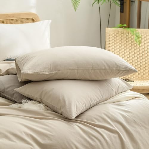 Image of BESTOUCH Cotton Solid Duvet Cover Set Almond Milk Grey Alaska King | 100% Washed Cotton, Soft Wrinkle Texture, Hidden Zipper, 8 Ties, Breathable Lightweight Durable Comfy, 3 Pcs No Insert