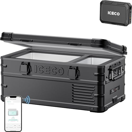 ICECO APL20 12V Refrigerator with Battery, 21 Qts Aluminum Portable Freezer, Car Fridge with SECOP Nano Compressor, -4℉~68℉,Electric Cooler Powered by AC/DC or Solar, Refrigerator for Vehicles