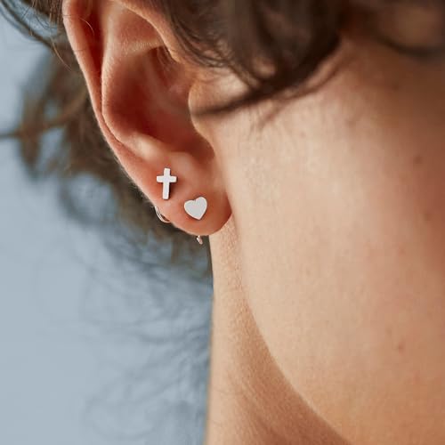 Image of CHIC & ARTSY 925 Sterling Silver Half Hoop Earrings for Women, Small Huggie Hoops Set with Ball Bar Star Moon Cross & Pearl, Lightweight Comfort Fit Everyday & Sleep Earrings