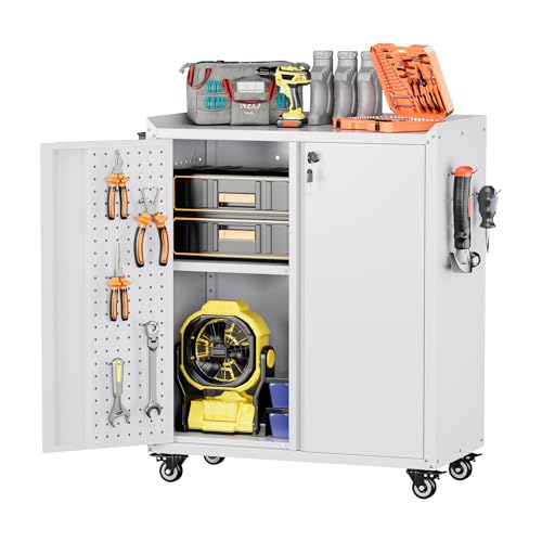 SUPEER Armoire à outils en métal avec roulettes et panneau perforé, 87 x 66 x 35 cm, armoire de rangement de garage verrouillable avec portes, étagère et...