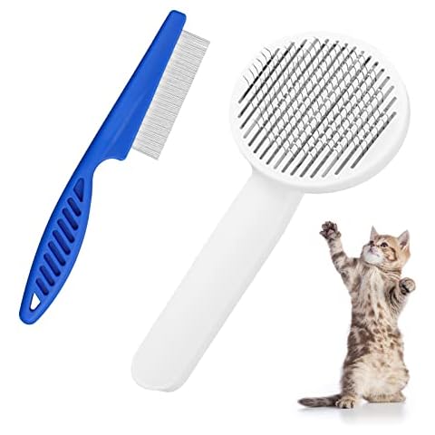 Pinenuts Cat Brush Dog Grooming Brush Comb with Flea Comb, Pet Grooming Brush for Short Haired and Long Haired, Self Cleaning Slicker Cat Kitten Dog Brushes to Remove Loose Fur, Tangles & Dirt Cover