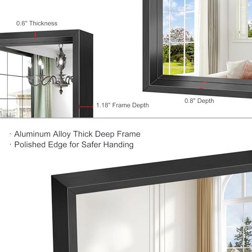 Image of Bathroom Mirror, 30 x 55 Inch Brushed Black Rectangle Mirror, 0.6 inch Thickened Deep Metal Frame Mirrors for Wall Over Sink, Shatterproof Tempered Glass, Antirust, Horizontally or Vertically