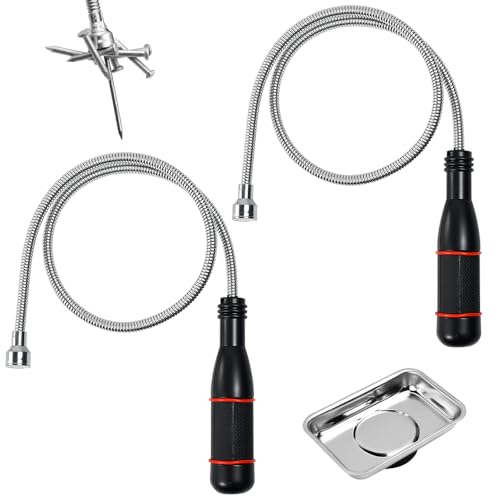 Zuxbolf 2 Piezas Herramientas de Recogida Iman Flexible,60CM Elevador Magnético Recogedor Magnético Iman Flexible con Bandeja Herramientas Taller Mecanico Profesional para Recoger Piezas