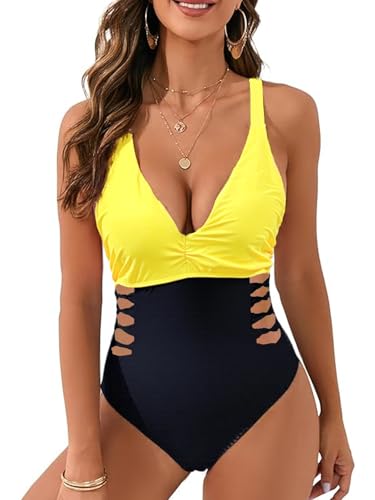 JFAN Traje De Baño Mujer Una Pieza Cuello en V Ropa De Baño Entero Reductor Barriga y Push Up Bañador