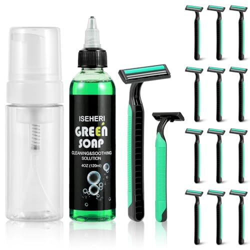 iseheri Ultra Concentrated Green Soap Tattoo Kit 4OZ with 120ml Foaming Bottle & 12 Count Disposable Twin Blade Razors Premium Tattoo Supplies for Tattooing Piercing Skin and Equipment Cleaning