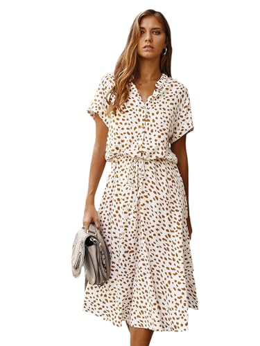 Milumia Womens Polka Dots Button Front Midi Dress Drawstring High Waist Short Sleeve A Line Long Dress