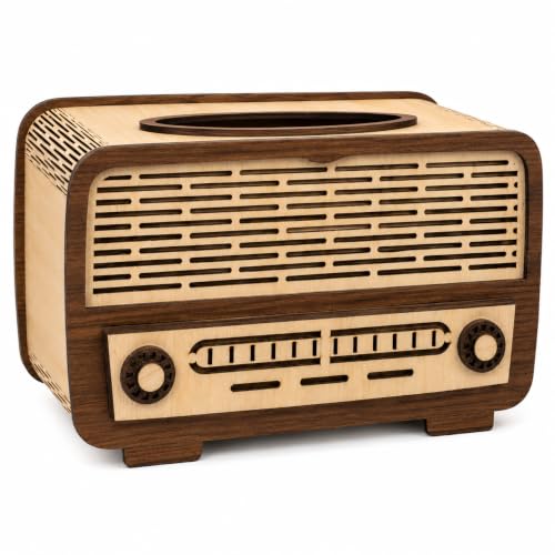 Image of Retro Radio Wooden Tissue Box Holder Decorative MDF Tissue Dispenser for Home & Office