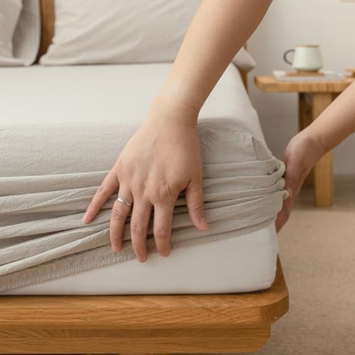 BESTOUCH Fitted Sheet Only 100% Washed Cotton Linen Feel Easily Fits Deep Pockets up to 17 inch Solid Linen Grey Queen