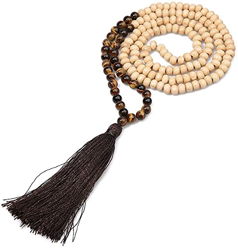 OAIITE 8MM Semi-Precious Gem Stones Wood Tiger eyes Mala Bead Necklace Multicolor Tassel Charms Chain Necklace Handmade Beaded Pendant Necklace for Women Men