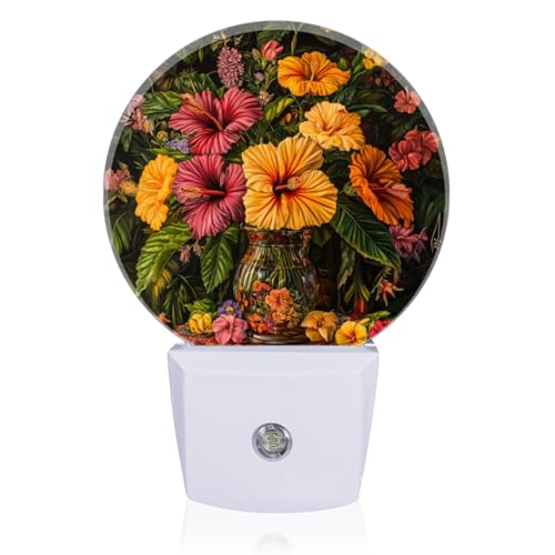 Image of LED Night Lights Lamp with Dusk to Dawn Sensor, Beautiful Vase Filled with Fusoia Flowers Night Light Plug Into Wall for Kids Room, Bedroom, Bathroom, Kitchen, Hallway