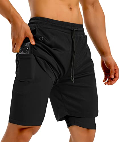 Klinnfenr Mens 2 In 1 Gym Running Shorts 7 Inch Lightweight Athletic Workout Clothes For Men Quick-Dry Shorts With Zipper Pockets,Black L #TOP4