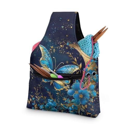 Image of KUIFORTI Butterfly Yarn Bag Blue Knitting Bags Crochet Bag Organizer, Drawstring Yarn Storage Knitting Bags, Yarn Holder for Crocheting Project, Store Skein Ball, Needles Accessories Small Size