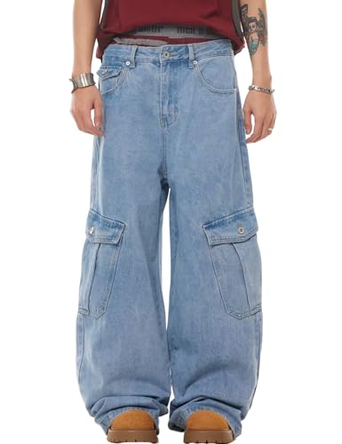 Y2k Baggy Cargo Jeans Men Loose Fit Denim Skater Jeans Wide Leg Cargo Pants Multiple Pockets