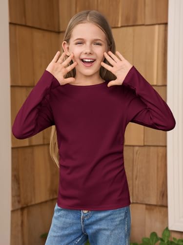 Image of Haloumoning Girls Long Sleeve Shirts Crewneck Ruched Side Slim Fit Tops Ribbed Knit Casual Tee Shirt 4-15 Years