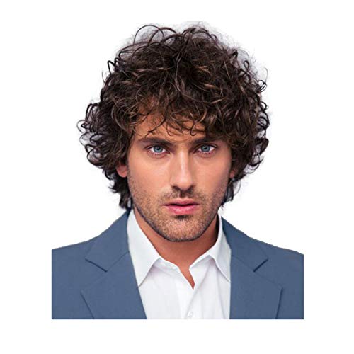 Peruca de cabelo cacheado masculina peruca marrom pequena onda cacheado peruca peruca de alta temper