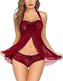 untlet Frauen Negligee Sexy Unterwäsche Spitze Reizwäsche Rüschen Halter Babydoll Semi-Transparente Nachtwäsche Vorne Offene Dessous Set Lingerie Rot XXL