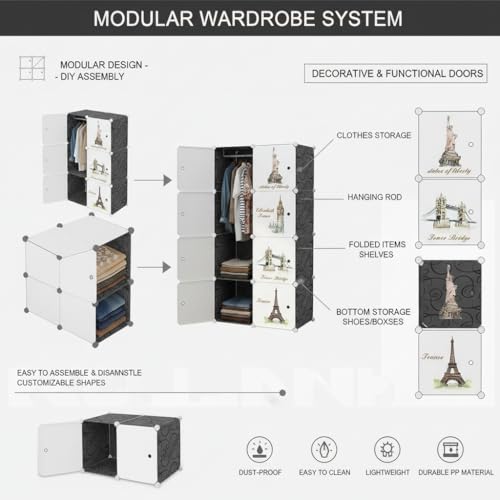 Image of Owme Closet for Clothe DIY Plastic Rack - Side Hanger, Storage for Home | with Mist Humidifier with Remote Controller, Shelf Storage Cabinet Stand, Auto Open & Close for Rain and Sun (Black, 8 Door)