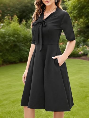 oxiuly Women's Vintage Bow Tie V-Neck Pockets Casual Work Party Cocktail Swing A-line Dresses OX2783