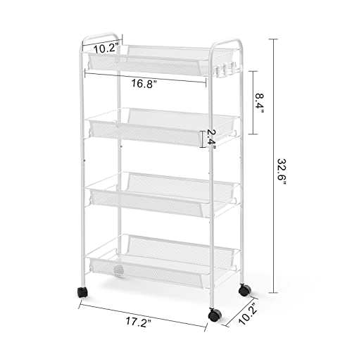 Toolf 4-Tier Rolling Cart, Metal Utility Cart With 3 Hooks, Easy Assemble Mobile Storage Trolley On Wheels, Slide Out Shelving Units Kitchen Bathroom Laundry Room #TOP5