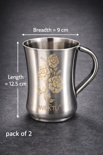 Image of WEKTU Premium Stainless Steel Lassi Mug with Floral Engraving, Polished Mirror Finish, 9 cm x 12.5 cm, Pack of 2