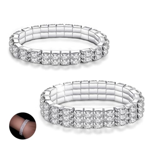2 Stuks Strass Stretch Armbanden,LucBuy Twinkle Diamanten Tennisarmband,Zilveren Kristal Sprankelende Bruids Stapelbare Armband Sieraden,Bling Shining Bruiloft Band Armband voor Dames Meisjes