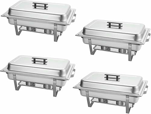 Lote de 4 Platos con Estufa Rectangular de Acero Inoxidable, 8 pintas, Plataformas y Buffet, Bandeja con Marco Plegable, Bandeja de Agua, Bandeja de Comida ~/