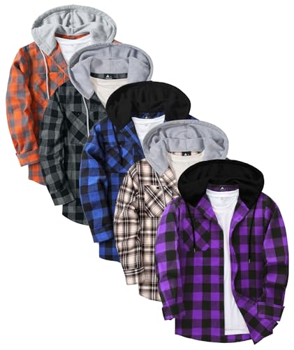 5 Pack Mens Flannel Hoodie Shirt Long Sleeve Plaid Shirts