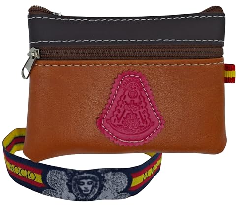 Pack Monedero Artesanal Virgen del Rocío + Pulsera Bordada | Portamonedas con 2 Cremalleras Y Forro 11 x 9 cm | Cinta Textil 28,5 cm Hecha en España| Regalo Cofrade Rociero (Marrón)
