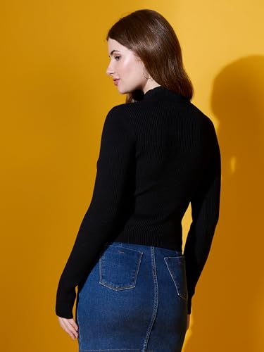 Image of 98 Degree Women Pure Cotton High Neck Sweater Has A Full Sleeve & Straight Hem-AW25AZG1136-BLACK