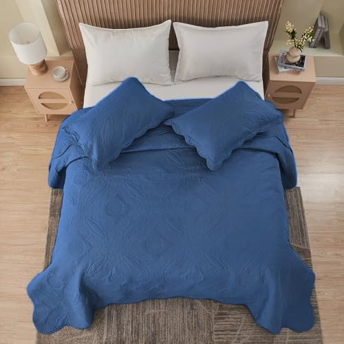 Image of Kingnex Oversized King Bedspreads 128x120 for Extra Wide Tall King or Cal King Bed Ultrasonic Quilted Coverlet Set 3 Piece Include 1 Quilt 2 Pillowcases Navy