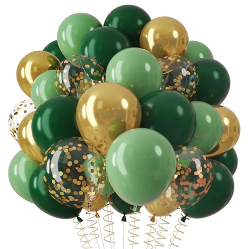QIFU Green and Gold Balloons 12 Inch Olive Dark Green Balloons with Sage Gold Confetti Balloon Sage Jungle Theme Party Balloon for Birthday Decorations Baby Shower Anniversary Dinosaur Safari Party