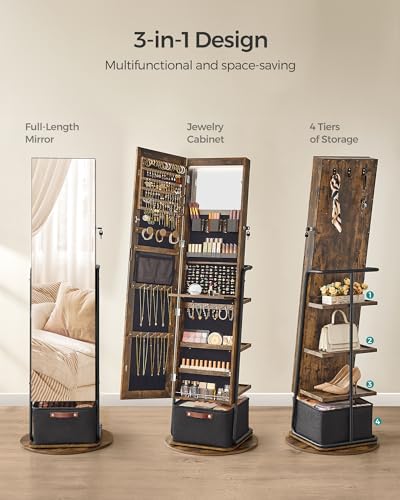 SONGMICS 360° Swivel Mirrored Jewelry Cabinet with Lights, Full-Length Mirror with Jewelry Storage, Standing Jewelry Armoire Organizer, with Large Storage Basket, Christmas Gifts,Rustic Brown